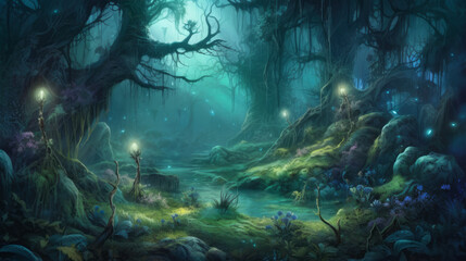 Fototapeta na wymiar Digital illustration of magical forest, generative ai