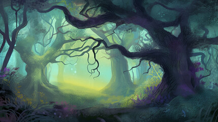 Fototapeta na wymiar Digital illustration of magical forest, generative ai