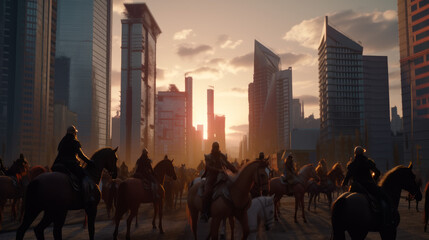 A mongolian horde on horseback invading a modern city, generative ai