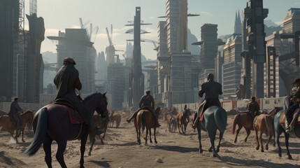 A mongolian horde on horseback invading a modern city, generative ai
