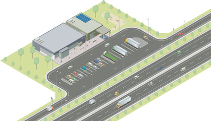 アイソメトリック図法で描いた日本の高速道路とパーキングエリアのイメージ / Isometric illustration : Japanese Expressway rest stop - obrazy, fototapety, plakaty
