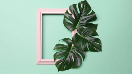 Fototapeta na wymiar A photo frame hung on a green wall with plants around, generative ai