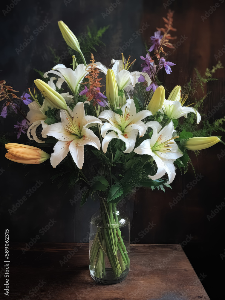 Poster Romantic bouquet with lilies in retro style. AI generated