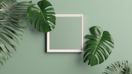 A photo frame hung on a green wall with plants around, generative ai