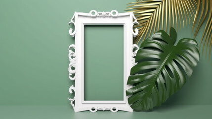 A photo frame hung on a green wall with plants around, generative ai