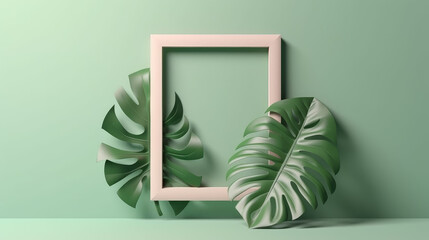 A photo frame hung on a green wall with plants around, generative ai