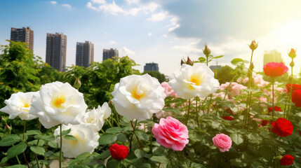 A row of unrestrained blooming white roses in new york, generative ai