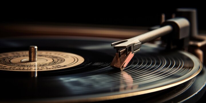 Captivating Retro Style Image Featuring Vintage LP Player's Needle on Vinyl Record, Authentic Charm, Contrasting Minimalist Backdrop, Generous Copy Space, 2:1 Aspect Ratio, Generative ai illustration