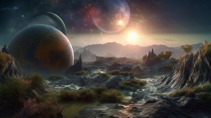 neo futuristic image of alien planet with fantasy planets, generative ai