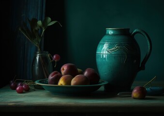 still life with peaches on a table. Generative AI. 