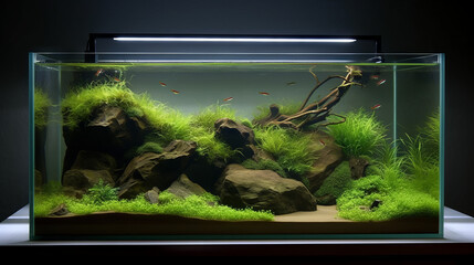 Aquascaped aquarium with no fish and green plants, generative ai