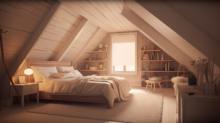 Attic bedroom with a large bed and sun from findow, generative ai