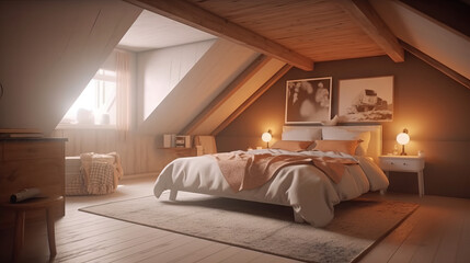 Attic bedroom with a large bed and sun from findow, generative ai