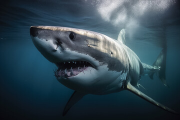 Naklejka premium Great white shark underwater close up