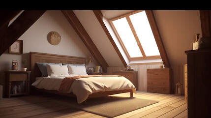 Attic bedroom with a large bed and sun from findow, generative ai