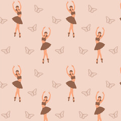 Seamless pattern of a faceless dancing ballerina silhouette with the butterfly on beige background