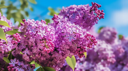 Beautiful lilac flowers on a background of blue sky. Spring landscape. Generative AI