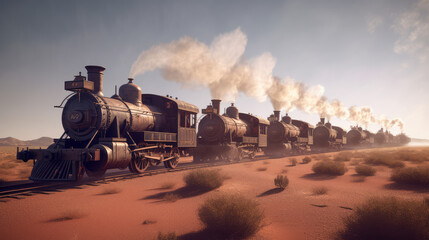 Fototapeta na wymiar British steam locomotives crossing the australian preries, generative ai