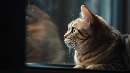 Cute foldeared cat on window with sun from it, generative ai