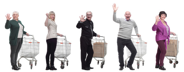 group of people with trolley greet isolated on white
