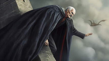 Dracula as old man with long gray moustache and black cape, generative ai