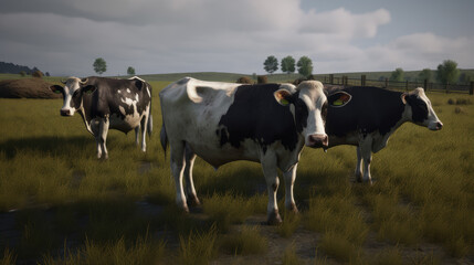 Fototapeta na wymiar Cows on meadow in sunny day, generative ai