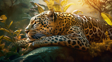 Fototapeta na wymiar Jaguar with dramatic lighting in sunset in jungle, generative ai