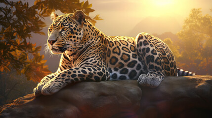 Jaguar with dramatic lighting in sunset in jungle, generative ai