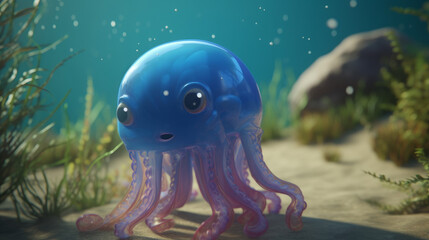 Cute blue jellyfish in ocean, generative ai