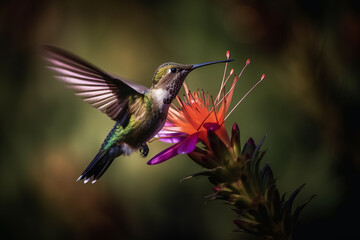 Colourful hummingbird feeding on flowers