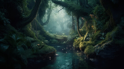 Fantasy aesthestic enchanted smoothing landscape with magical light, generative ai