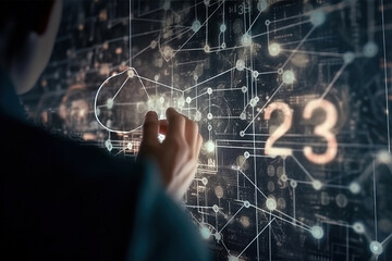 Goal of business new year in 2023, Investor, Businessman analysis economic and calculates financial data and target for long-term investments and profitability in future on digital data network