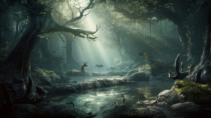 Fantasy aesthestic enchanted smoothing landscape with magical light, generative ai