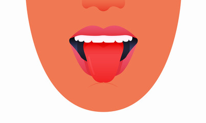 Cropped Female Tan Skin Color Face with Beautiful Smile White Teeth Mouth Open Showing Tongue. Modern Flat Vector Illustration.