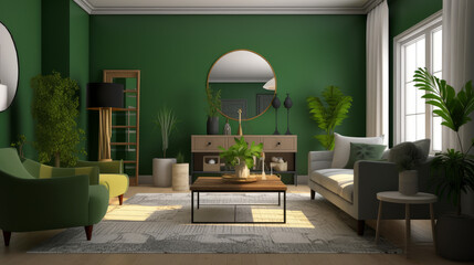 Full view of living room in olive color, generative ai