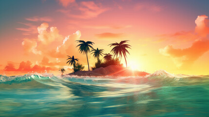 Fototapeta na wymiar Image of tropical island with coconut palm trees and sunset behind it with orange clouds, generative ai