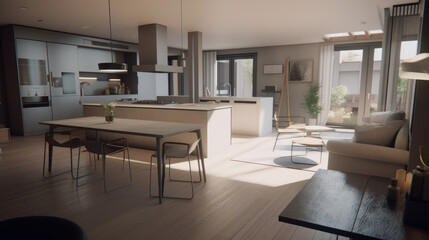 Interior of modern kitchen with a lot of light, generative ai