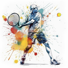 Abstract watercolor design of a tennis player - Generative AI - obrazy, fototapety, plakaty