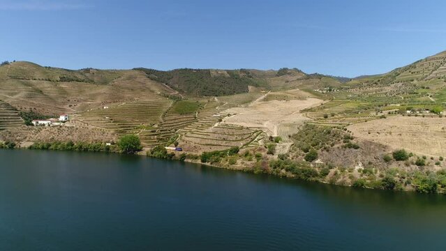 Train traveling on the banks of the famous douro river Portugal