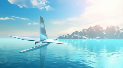 Landscape skyview with futuristic plane, generative ai
