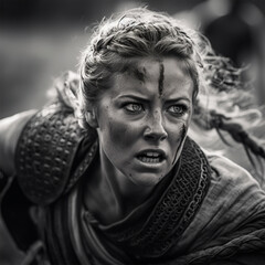 Medieval female Viking warrior in battle, Generative AI