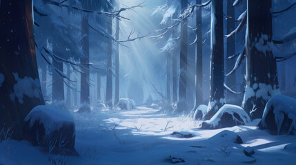 Magnificent snowy forest background with light fog, generative ai