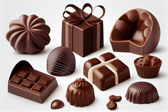 Delicious chocolate candies isolated on white. Generative Ai