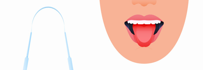Dental Tongue Scraper Oral Tool. Half Female Face with Beautiful Smile White Teeth Mouth Open Showing Tongue. Highlighted Tongue. Modern Flat Vector Illustration. - obrazy, fototapety, plakaty
