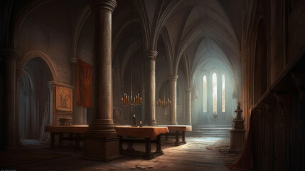 Medieval interior of 13th century with giants arches, generative ai