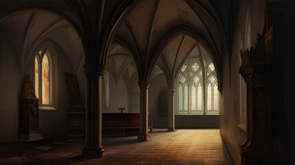 Medieval interior of 13th century with giants arches, generative ai