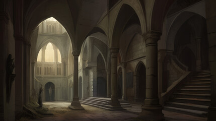 Medieval interior of 13th century with giants arches, generative ai