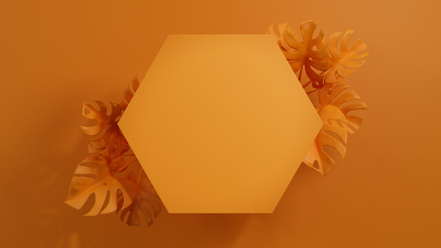 Hexagon Botanical Frame with Monstera Plant Border. Orange, Trendy Design with copy-space.