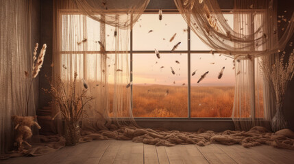 Backdrop with dry grasses with window frame, generative ai