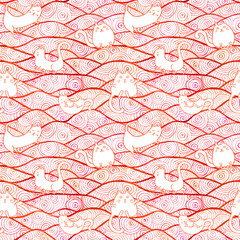 Cats on red wavy landscape. Red and white seamless pattern. Hand-drawn pets on vacation. Endless backdrop. Cute wallpaper. Wavy sea background and cats in a cartoon style for your design.